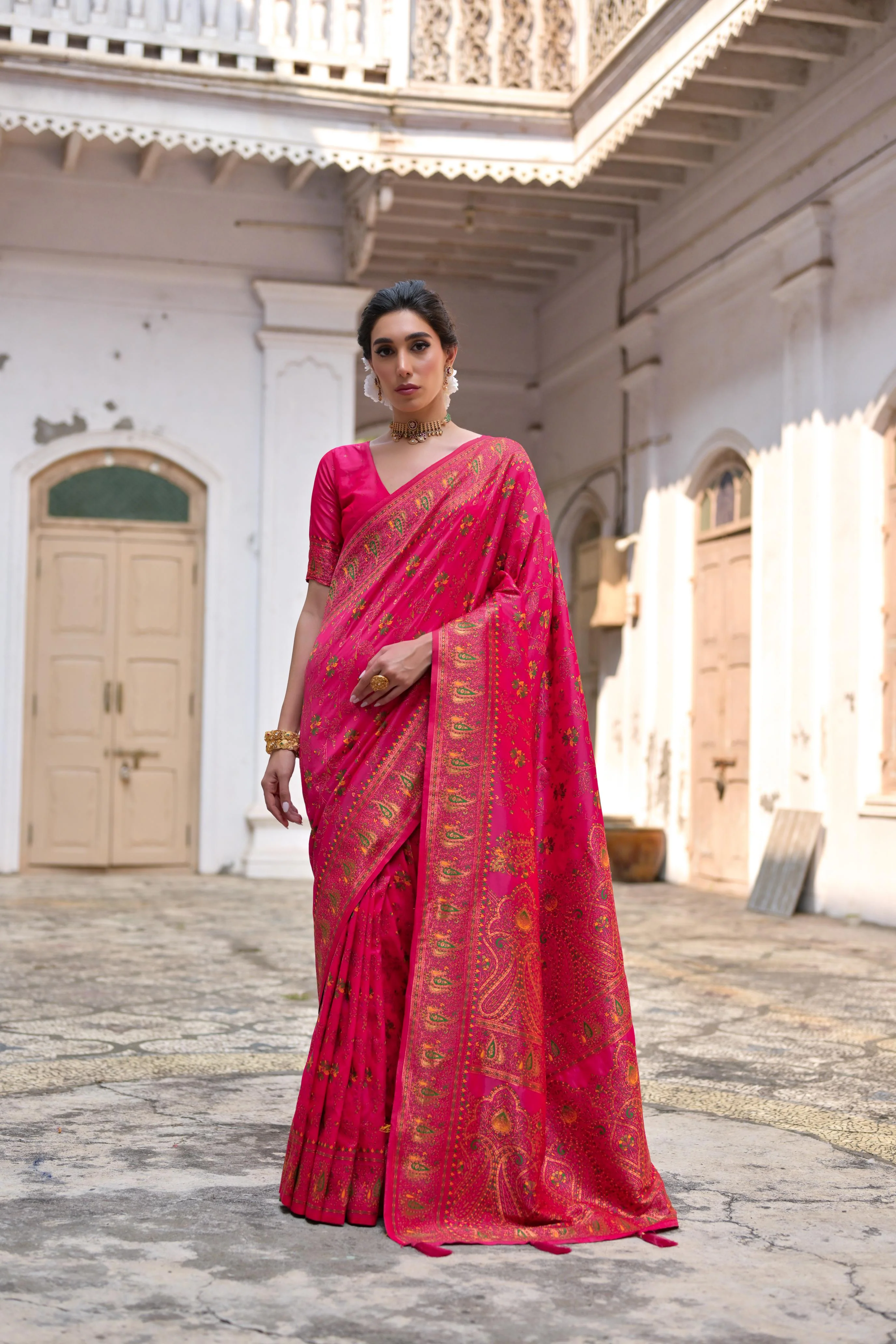 Pink Soft Pashmina Silk Meena Zari Woven Saree